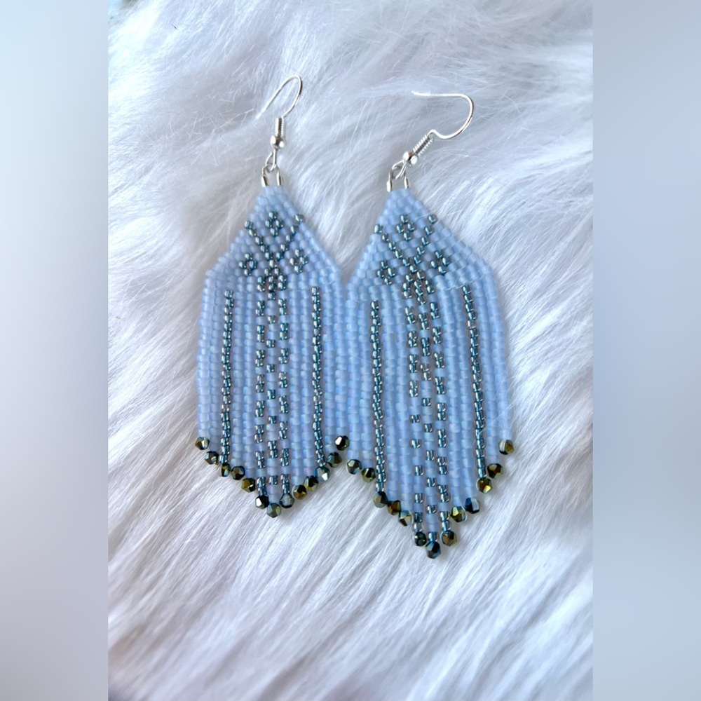 Handmade Blue and Silver Seed Bead Fringe Earrings